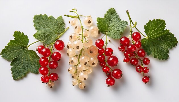 Red And White Currant Branches With Berries And Leaves On White Background