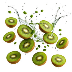 Kiwi slices with water splash on black. Healthy, fresh, juicy