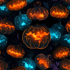 Halloween Background with Glowing Orange and Blue Pumpkins