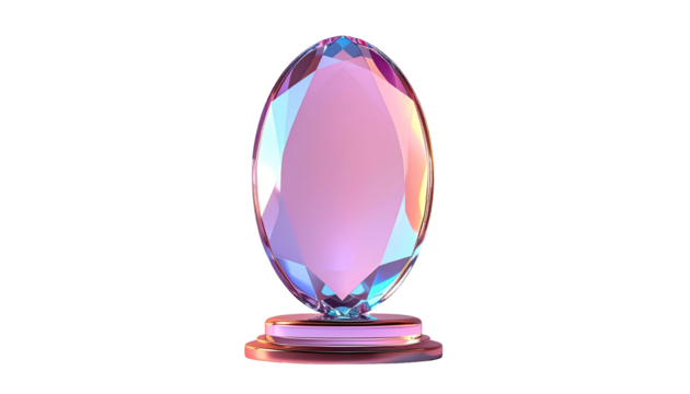 A multifaceted, oval-shaped trophy, or award,  in translucent, iridescent pink and  various pastel colors.  It sits on a small,  rose-toned pedestal - Powered by Adobe