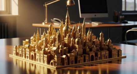 Golden Architectural Model of a Cityscape on Wooden Desk with Office Background