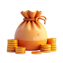 A 3D render of a peach-colored money bag with a stack of gold coins beneath it