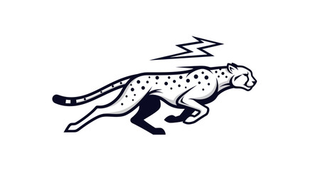 Monochrome graphic illustration of a running cheetah with a lightning bolt.