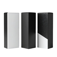 Three upright, rectangular, stylized packaging containers in black and white.  A minimalist design