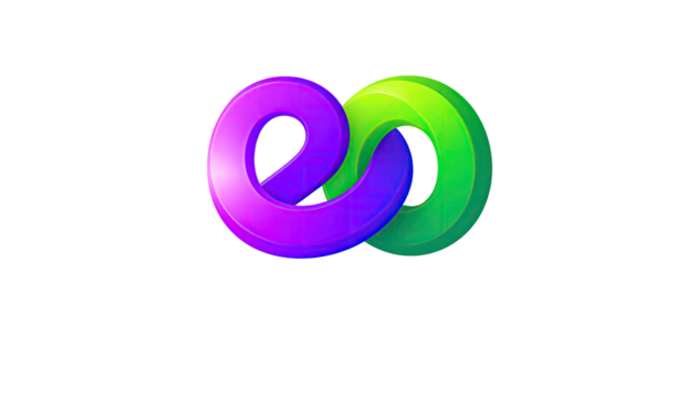 Abstract infinity symbol, vibrant purple and lime green, 3D effect
