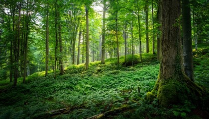 Fototapeta premium Lush Green Forest Landscape With Tall Trees And Dense Foliage