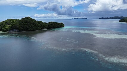 Aerial view of Islands and coral lagoon in Palau, Rock Islands Scenic Area, Pacific Ocean. National Park in Palau. Chelbacheb