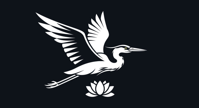 Elegant white heron in flight above a lotus flower logo.