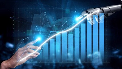 A striking visual representation of human and robot collaboration in data analysis, showcasing growth trends with vibrant graphs, highlighting the future of technology and business innovation. Copula - Powered by Adobe
