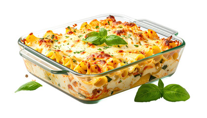 Creamy pasta bake in glass dish