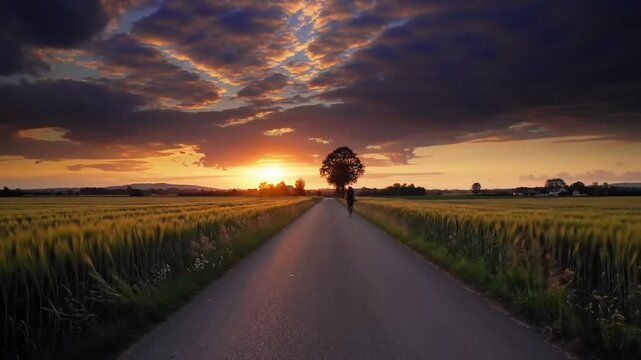 Silhouette of a cyclist riding on a road at sunset with golden wheat fields