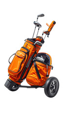 Orange golf bag set on wheels.  Golf clubs inside