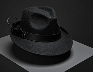 Black fedora on a gray geometric platform