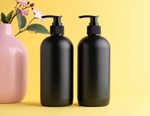 Two matte black bottles, pump tops, vase, floral accents