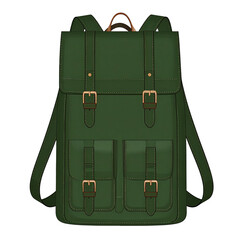 A dark olive-green leather backpack with two large, rectangular pockets and brass-colored buckles.  The straps are wide and the design is simple and classic