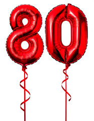 数字の80の形の赤色の風船とリボン（Number 80 red foil balloon on white background）
