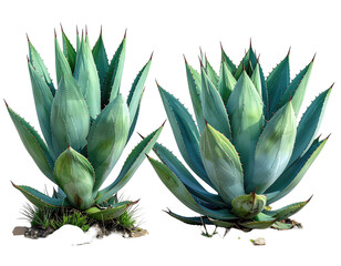 Two agave plants, vibrant teal-green leaves, spiky, desert flora