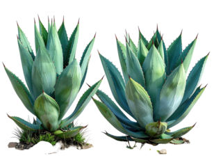 Two agave plants, vibrant teal-green leaves, spiky, desert flora
