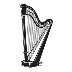 black and white silhouette of a harp vector on a white background