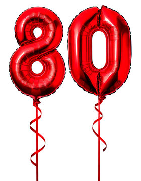 数字の80の形の赤色の風船とリボン（Number 80 red foil balloon on white background）
