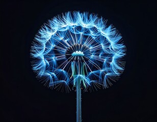 Glowing dandelion seedhead with feathery plumes on dark
