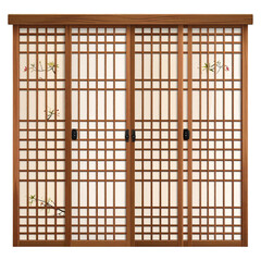 Traditional Japanese sliding doors, light brown wood, intricate grid pattern, floral design