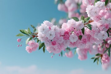 Macro Shot of Pink Cherry Blossoms Against a Sky Blue Background with Soft Lighting Detailed Petals and Green Leaves