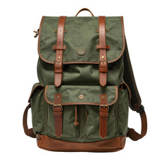 Olive green canvas backpack with tan leather accents.  Durable,  functional,  and stylish.  Features multiple compartments,  and strong straps
