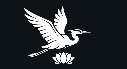 Elegant White Heron Flying Above a Lotus Flower.