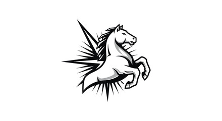 Majestic white horse rearing with lightning bolt emblem design.