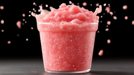Macro Shot of Pink Strawberry Smoothie Splash in Clear Glass on Dark Background