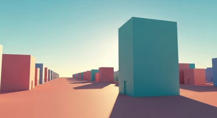 Minimalist Abstract Cityscape with Large Cubic Structures Under Bright Sky