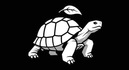 Elegant tortoise illustration with a leaf above its shell black background.