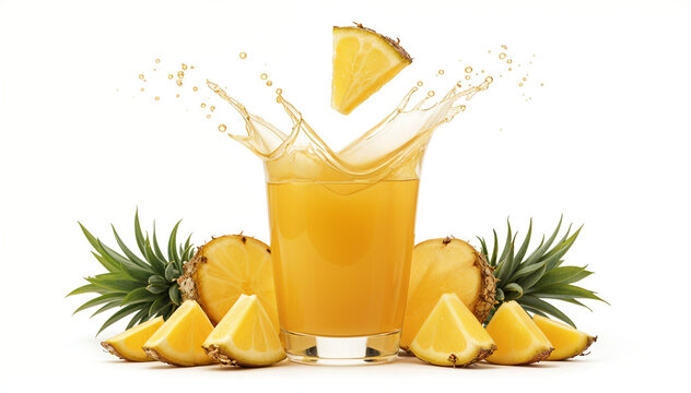 Refreshing Pineapple Juice Splash with Fresh Pineapple Slices on White Background