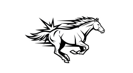 Dynamic black and white illustration of a running horse.