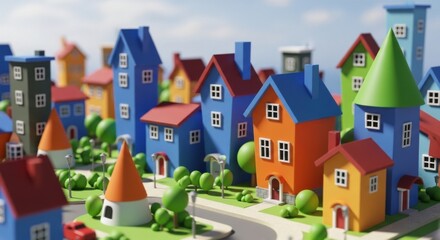 Naklejka premium Colorful Toy House Model Village with Green Trees and Blue Sky
