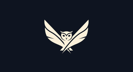Creative logo design of a wise owl with quill pen wings.