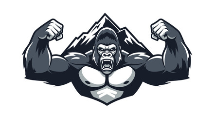 Powerful Gorilla Mascot with Biceps Flexed and Mountain Backdrop.