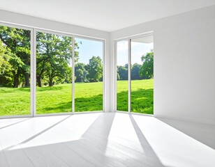 Bright, white corner room with large windows, green view