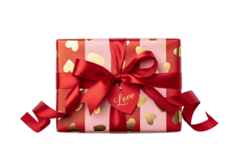 Gift box with red ribbon and heart tag