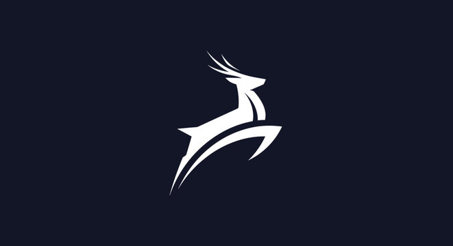 Elegant white deer silhouette in a dynamic jumping pose modern logo design.