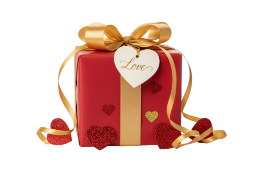Red gift box with gold ribbon and hearts