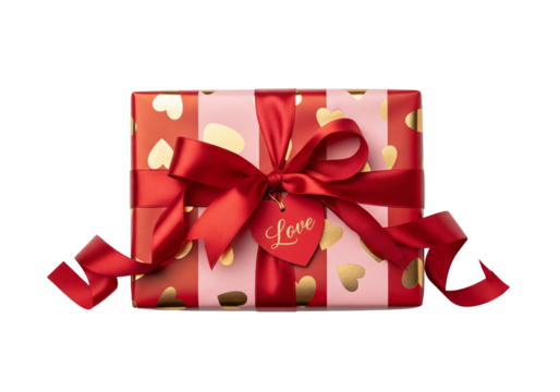 Gift box with red ribbon and heart tag