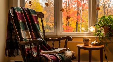 Comforting autumn retreat a cozy chair, book, and warm drink by a window with fall colors