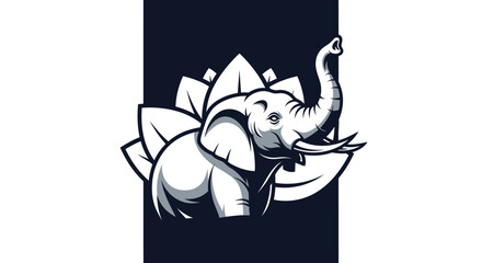 Elegant elephant illustration with lotus flower artistic design monochrome style.