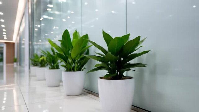 Row of plant pots in modern interior space office lobby decoration