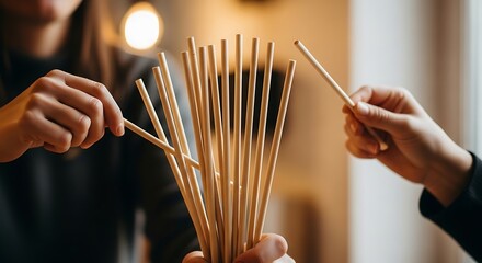Engaging game of skill picking sticks, hands holding wooden sticks