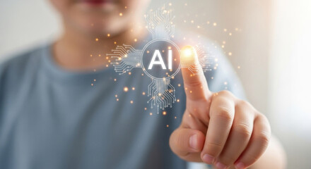 Exciting future of AI technology as a child interacts with an AI interface, sparking curiosity and innovation for a brighter tomorrow