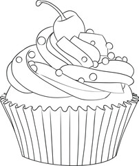 Detailed Cupcake with Cherry Topping Outline