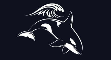 Striking Orca Illustration with Wave Detail on Dark Background.